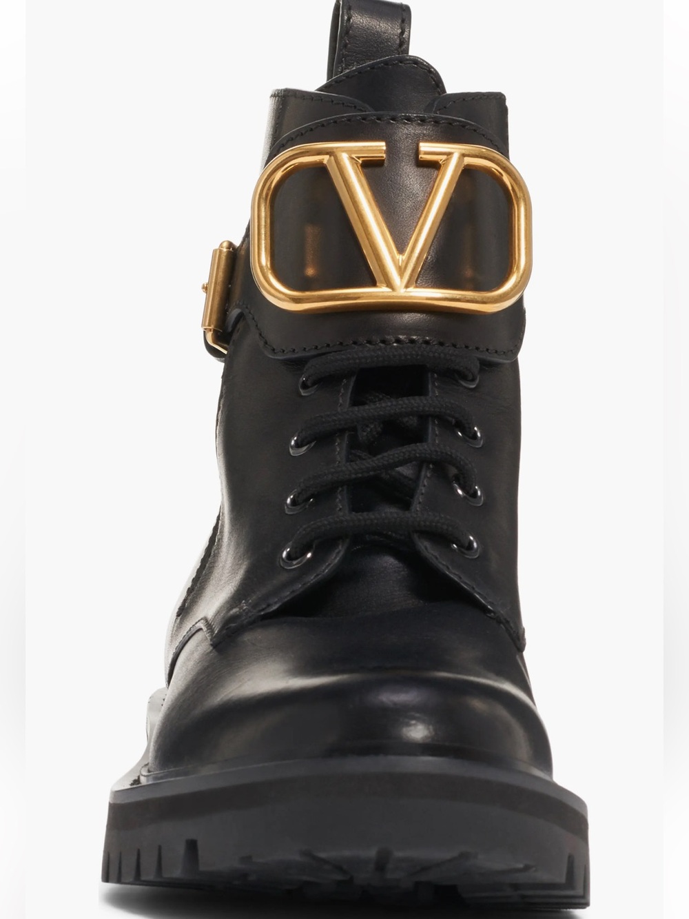 Valentino Garavani Black Leather Ankle Combat Boots with Gold V Logo